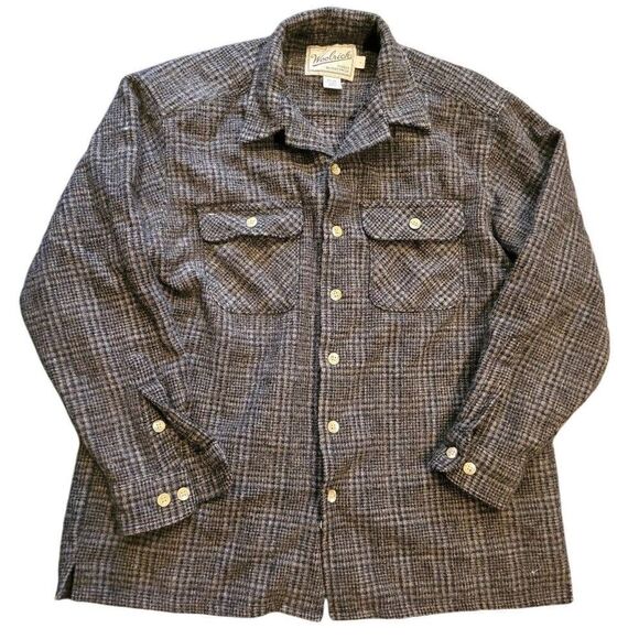 Vintage Woolrich Shirt Jacket Men's Large Brown Wool Tweed Check Cozy Warm - Picture 1 of 5